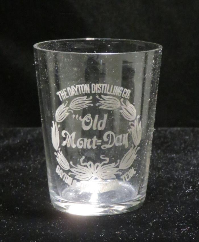 Dayton Distilling Old Mont Day Whiskey Etched Shot Glass Chattanooga Ohio