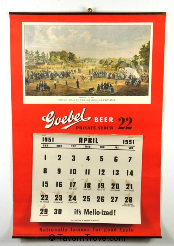 Goebel Beer 1951 Baseball Season Calendar 