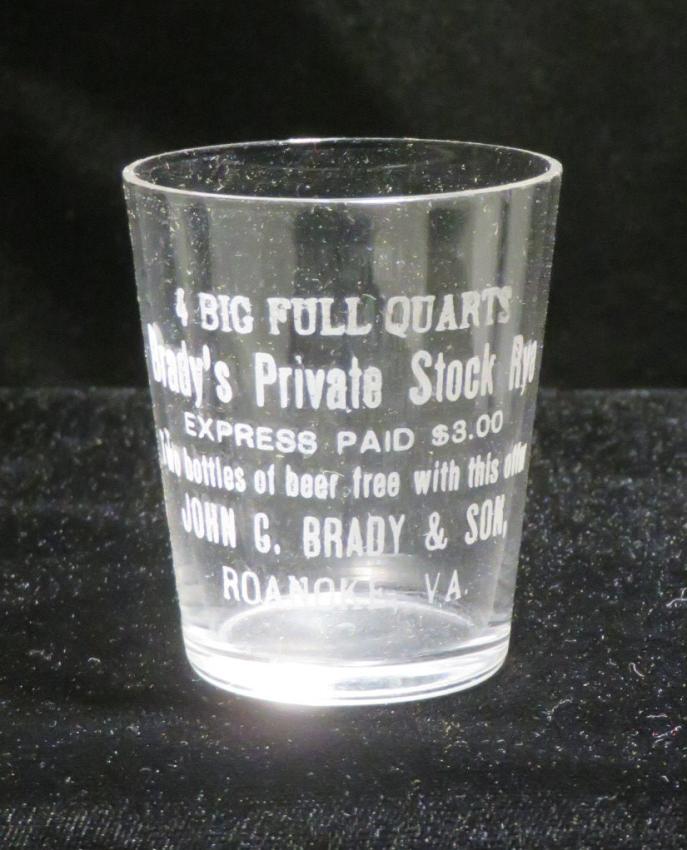 John G Brady's Rye Etched Shot Glass Roanoke Virginia