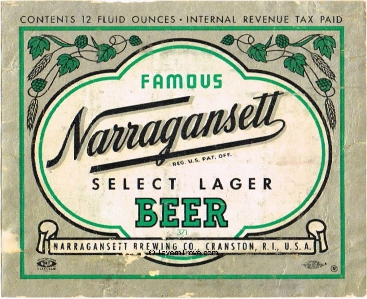 Item 73114 1943 Narragansett Select Lager Beer Label ES11508