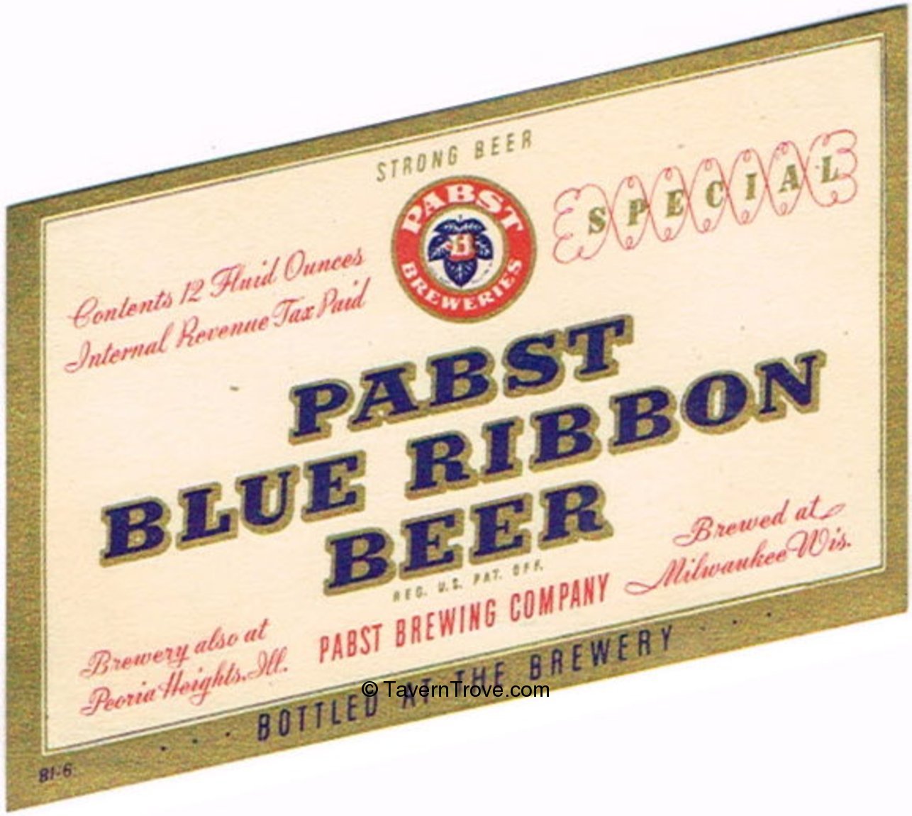 Item #91140 1938 Pabst Blue Ribbon Beer Label WI286-112