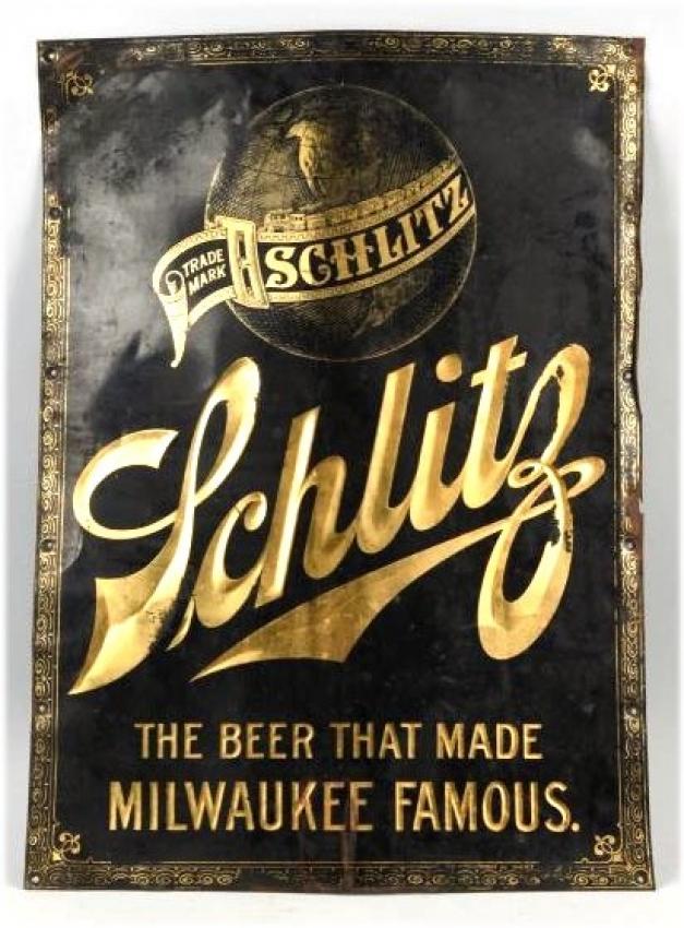 Schlitz Beer tin corner sign